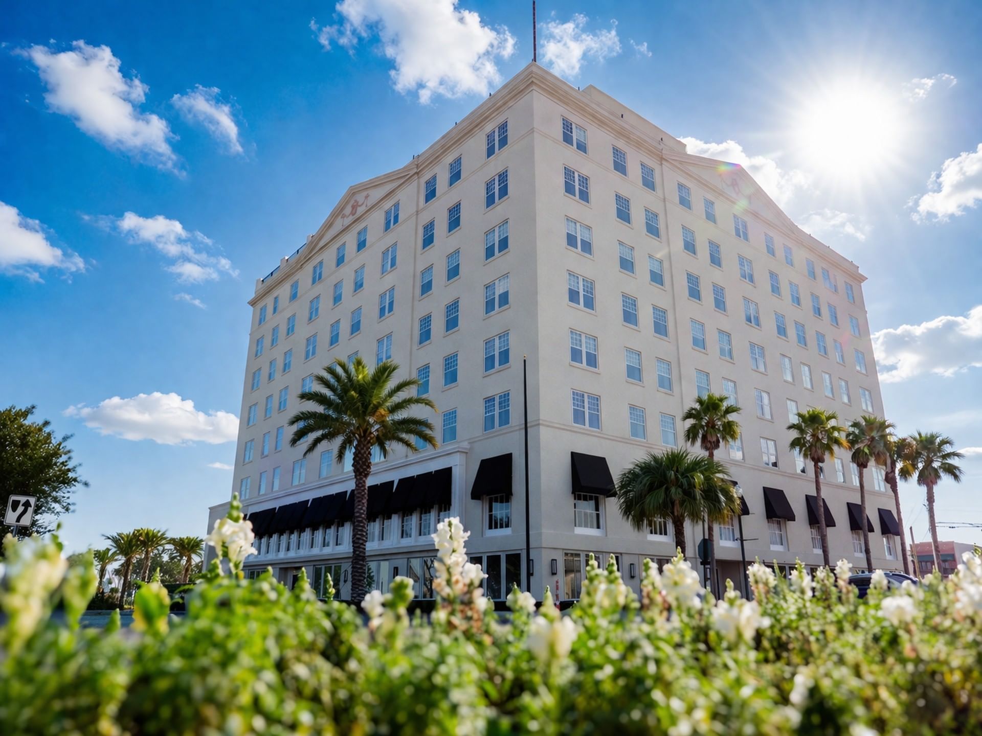 The Markham Hotel, a white historic high-rise rising above palms and white flowers in downtown Gulfport